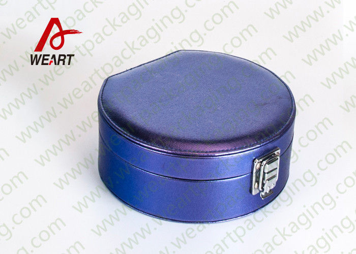 Round Blue Cosmetic Gift Box With Metal Button , Cardboard Cosmetic Packaging Inside Black Velvet Material