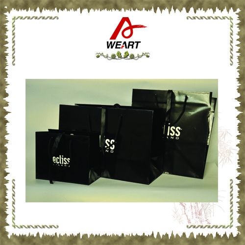 Fashion Black Custom Paper Shopping Bags With Cotton / Ribbon Handle